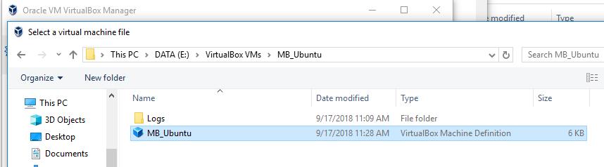 Adding an Existing VM to VirtualBox A dialog box opens.