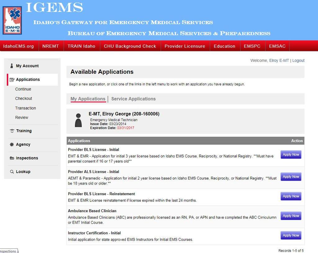 Applications Available Applications - My Applications This page shows all provider applications available for this user.