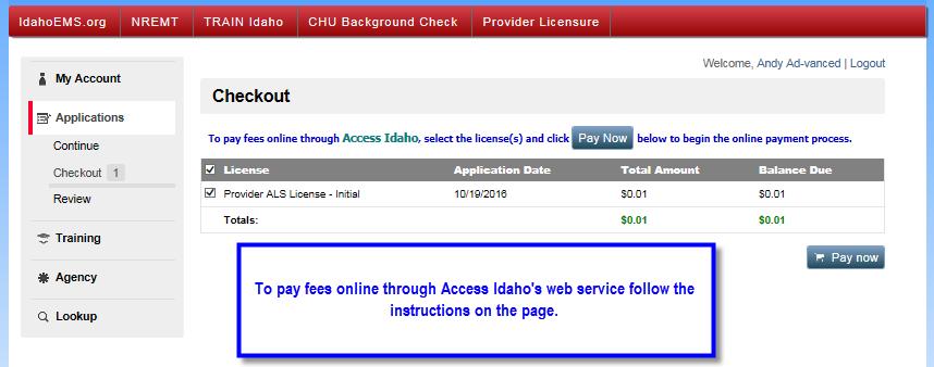 Checkout Access Idaho allows personnel to pay