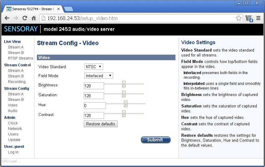 Stream Configuration - Video Stream Configuration Video window allows configuration of video parameters common to both streams A and B. Video standard: NTSC or PAL.