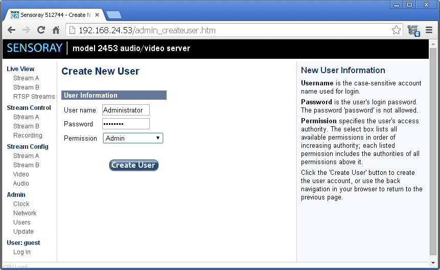 To create a new user, enter the user name and password, select the desired permission level and then