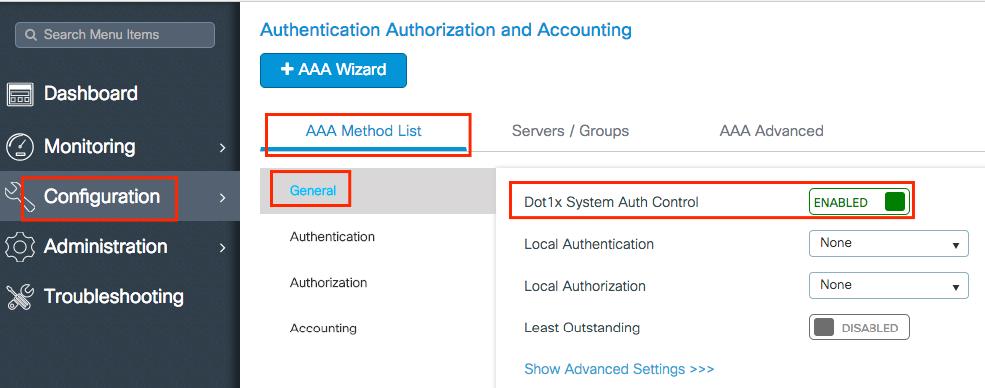 Authenticate Clients Locally Step 1. Enable Dot1x System Auth Control You need to enable Dot1x System Auth Control to enable 9800 WLC to act as an authenticator.