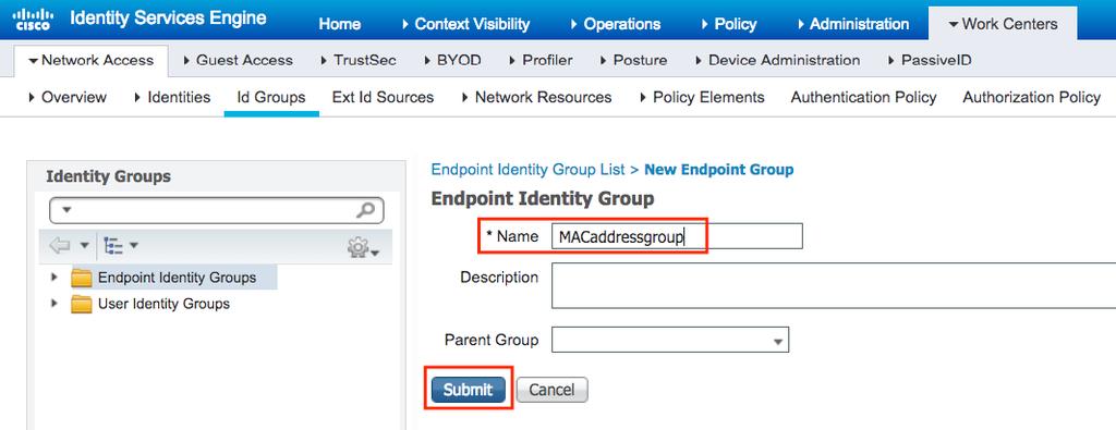 Navigate to Work Centers > Network Access > Id Groups > Endpoint