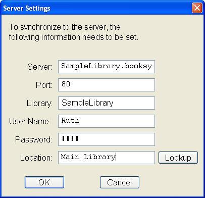 3. Enter the appropriate information in each of these fields. For the Server: and Library: fields, refer to the text in your browser s address bar when you access your Atriuum or Booktracks.