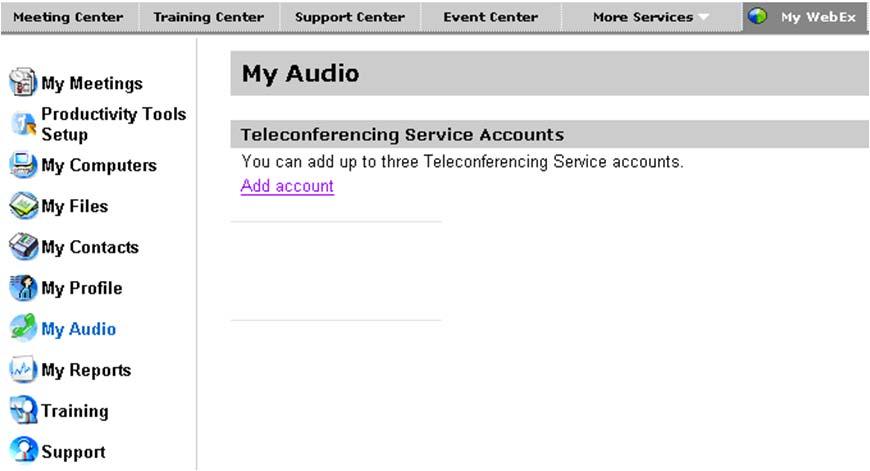 Setting up your Instant Meeting Audio Conference Subscription: Please make sure your audio account is setup in the My Audio section of your My WebEx account.