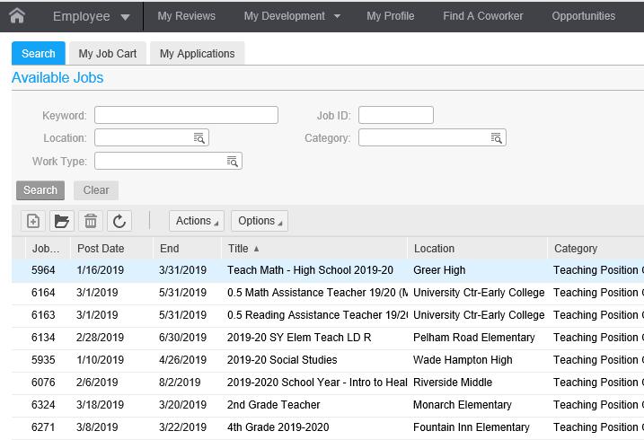 Enter a Keyword such as teacher or nurse or clerk to find postings and click Search. If you know the specific Job ID, enter the number in the Job ID field and click Search.