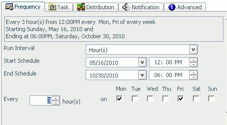 For example, the following schedule will run every 30 minutes on Mondays beginning at noon May 16, 2010 and ending 6:00 PM October 30, 2010.