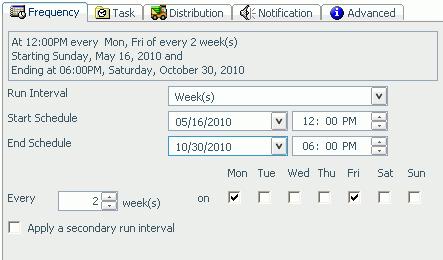 For example, the schedule shown in the following image will run every five days beginning at noon May 16, 2010 and ending 6:00 PM October 30, 2010. You can also set a secondary run interval.