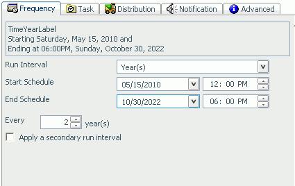 Creating a Report Broker Schedule The Yearly Run Interval The Year(s) option in the Run Interval drop-down list, sets the schedule to run every n years during a specific time period.
