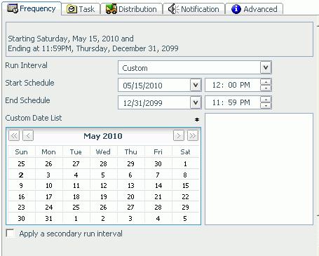 1. Using Report Broker The following image shows the Custom Run Interval options, which includes Start Schedule (initially set to the current date and time) and the End Schedule date and time