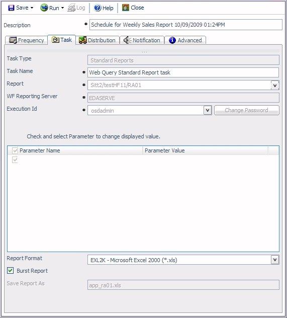 Creating a Report Broker Schedule The following image shows an example of a predefined Task tab when the Scheduling tool is accessed from the DB2