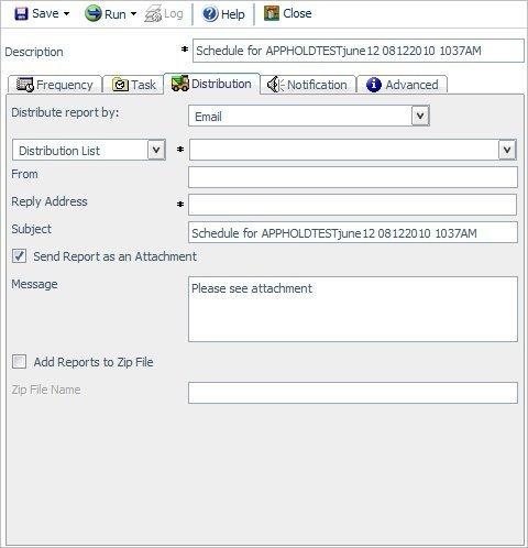 Creating a Report Broker Schedule The following image shows the e-mail distribution options in the Distribution tab of the Scheduling Tool.