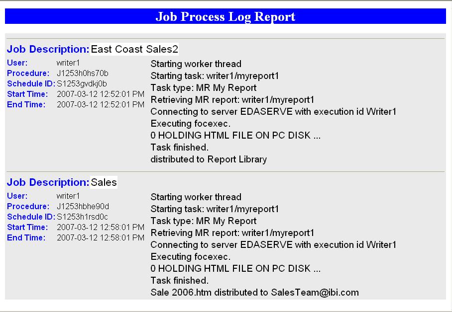 If you chose to view log reports for multiple schedules, the Job Process Log Report contains a log record for each schedule you selected.