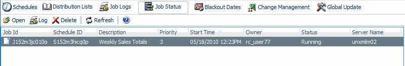 Tracking Report Broker Schedules To access the schedule status information, click the Job Status tabunder the Report Broker tab. The following image show the Job Status tab.