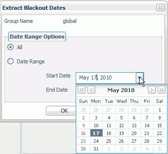 Setting Schedule Blackout Dates If you select Date Range, type or select the Start Date and End Date. To select a date, click the down arrow next to the field.