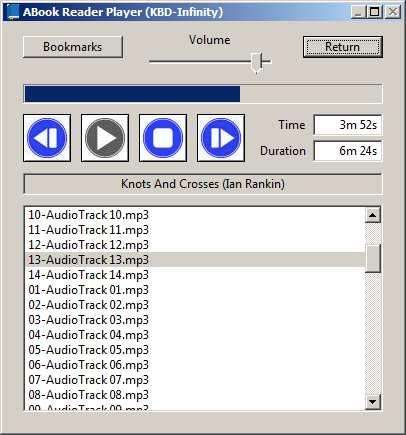 Figure 3: ABook Reader player screen. would require a large amount of memory), but rather records paths to the files. Individual files are loaded when they are read.