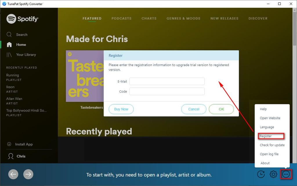 Register Windows Version of TunePat Spotify Converter Step 1: Launch TunePat Spotify Converter and click the Menu