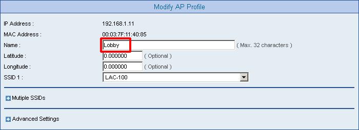 Next, on the menu panel, click AP Controller > Configuration > AP Profile to rename your AP (based on the MAC