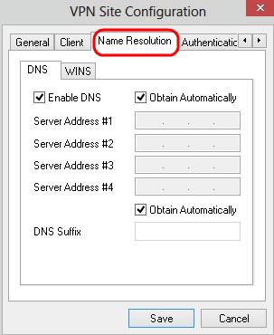 Note: The Name Resolution section is used to configure DNS (Domain Name System) and WIN (Windows Internet Name Service) settings. Step 2. Click the DNS tab. Step 3.