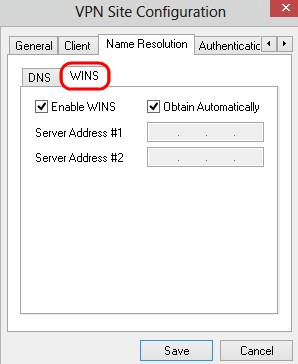 Step 9. Click the WINS tab. Step 10. Check Enable WINS to enable Windows Internet Name Server (WINS). Step 11.