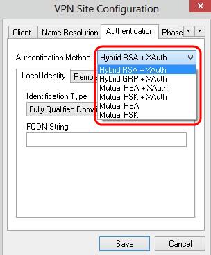 Step 2. Choose the appropriate method of authentication from the Authentication Method drop-down list. Hybrid RSA + XAuth The client credential is not needed. The client will authenticate the gateway.