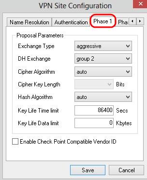 that you use during the configuration of the tunnel. Step 6. Click Save to save the settings. Phase 1 Configuration Step 1. Click the Phase 1 tab.