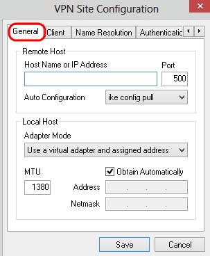 Note: The General section is used to configure the Remote and Local Host IP addresses. These are used to define the network parameters for the Client to Gateway connection.