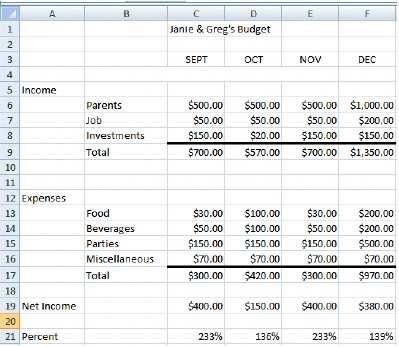 Change a few numbers in each of the months in both the income and expense areas to see how the spreadsheet works.