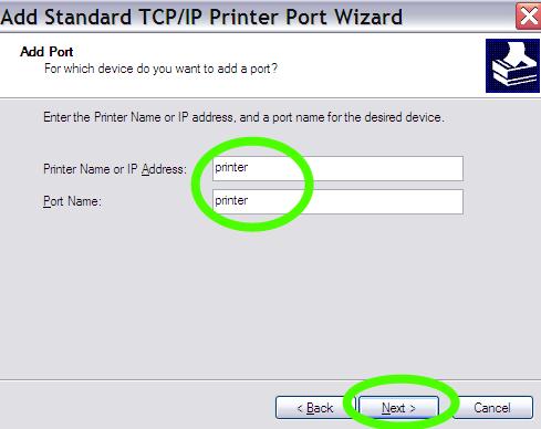 7. Enter printer port name printer The APNK printer port is called