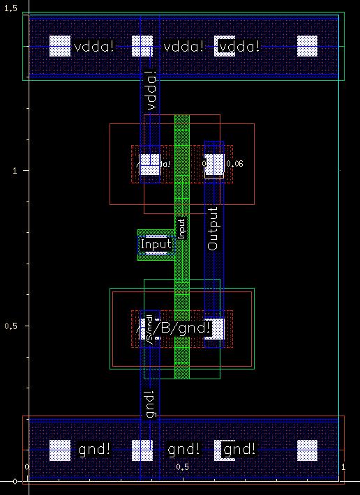 Finally, we draw 0.12 micron metal paths extending the inverter input and output connections to the far left and far right of the cell boundary.