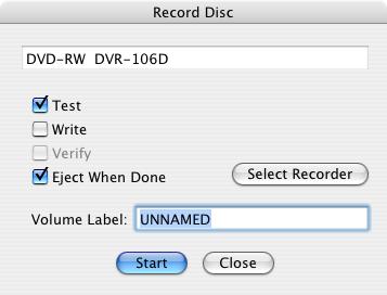 4.4.1 The Record Disc command This command brings up the Record Disc window (see Figure 4-10). Figure 4-10 You may start writing a disk from this window.