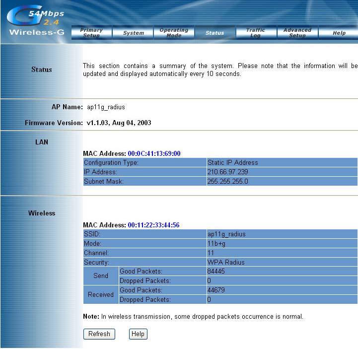 4.4. Status This screen displays the IEEE 802.11g AP's current status and settings. This information is read-only. This page will auto re-flash every 5 seconds to keep most update information.