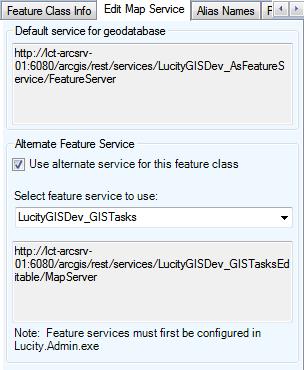 Edit Map Service Tab Sme Lucity tls (Lucity Spatial Updater, Lucity GIS Updates via Feature Service, GIS Scheduled Tasks) interact with Lucity linked feature classes via feature services.
