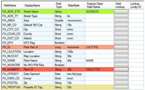 Feature Class Fields Grid The feature class fields grid allws yu t manage the feature class fields are mapped t Lucity fields.