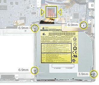 Procedure 1. Grasp the SuperDrive flex cable connector, where shown, and rock from side to side while pulling up, to disconnect it.