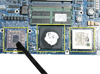 8. If the logic board was removed to facilitate another procedure and will be reinstalled, also remove all the thermal material from the corresponding chips