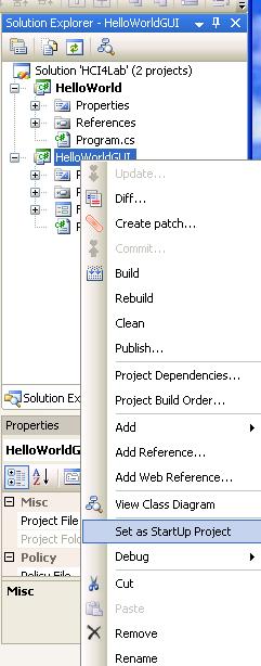As we are now going to be working with the GUI version, rightclick the HelloWorldGUI project in the solution explorer and select ʻSet as Startup Projectʼ (figure 5).