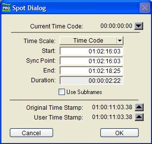 4 In the Spot dialog that appears, specify a new SMPTE frame number for the start of the Movie track.