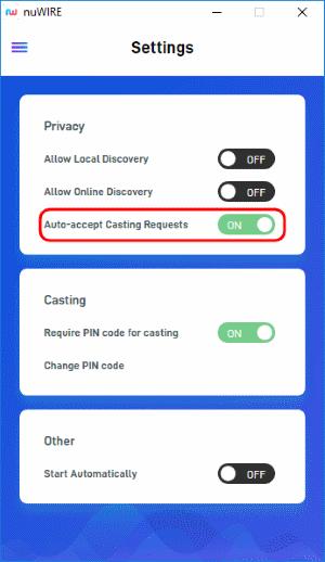 Enable or disable 'Auto-accept casting requests' as required: Off This device will ask your permission every time another device wants to share its screen with you.
