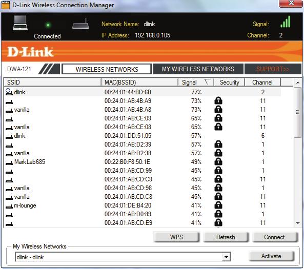 Section 3 - Configuration Wireless Networks List The DWA-121 Wireless Connection Manager window contains a Wireless Networks list.