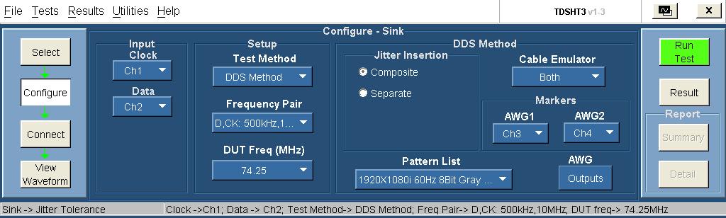 For the DDS Method, select the frequency pair, DUT frequency, input pattern, markers, and cable emulator from the available options. NOTE. The AWG channel outputs are not configurable.