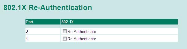 802.1X Re-Authentication The TN-5508-4PoE/5516-8PoE can force connected devices to be re-authorized manually. 802.