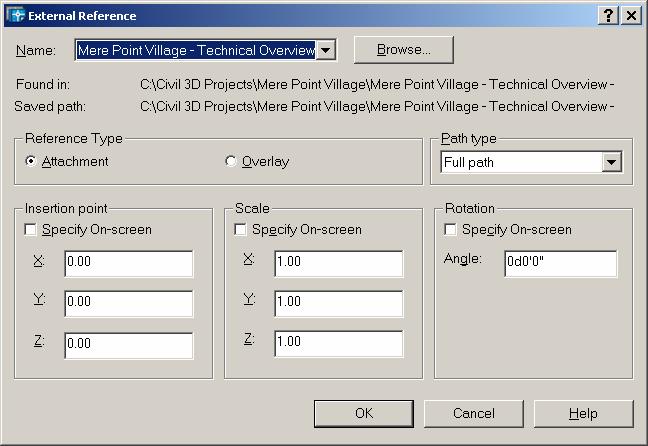 3. Browse to C:\Civil 3D Projects\Mere Point Village\ and attach the Mere Point Village Technical Overview Completed.