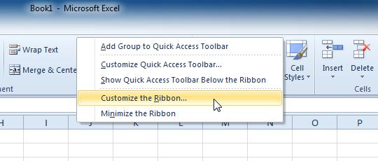 Rightclicking the Ribbon to customize it 2. Click New Tab. A new tab will be created with a new group inside it. 3. Make sure the new group is selected. 4.