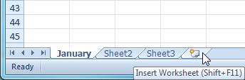 To Insert New Worksheets: Click on the Insert Worksheet icon. A new worksheet will appear.