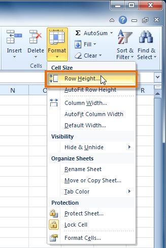 2. Click the Format command on the Home tab. The format drop-down menu appears. 3. Select Row Height.