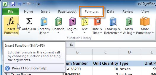 Result Insert Function Command The Insert Function command is convenient because it allows you to search for a function by typing a description of what you are looking for or by selecting a category