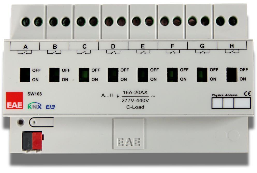 1 General EAE KNX Switch Actuator has eight channels which can be configured with ETS3/ETS4 or higher version. Each channel is independent of another. It has a separate bistable switching relay.
