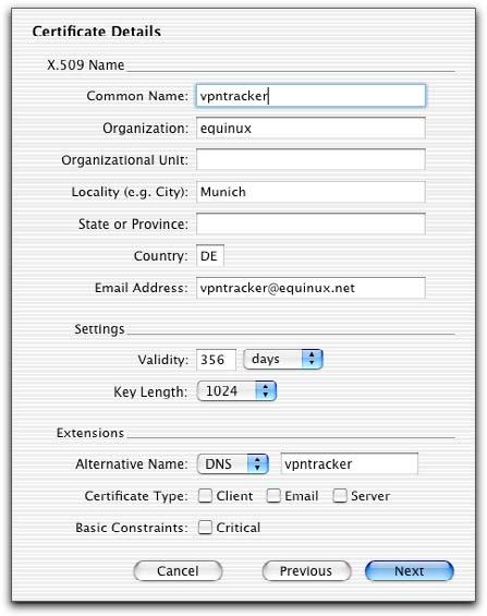 4. Connecting a VPN Tracker Host to a SonicWALL Firewall using Certificates 4.2 VPN T racker configuration Step 1 Create a new Own certificate for VPN Tracker.