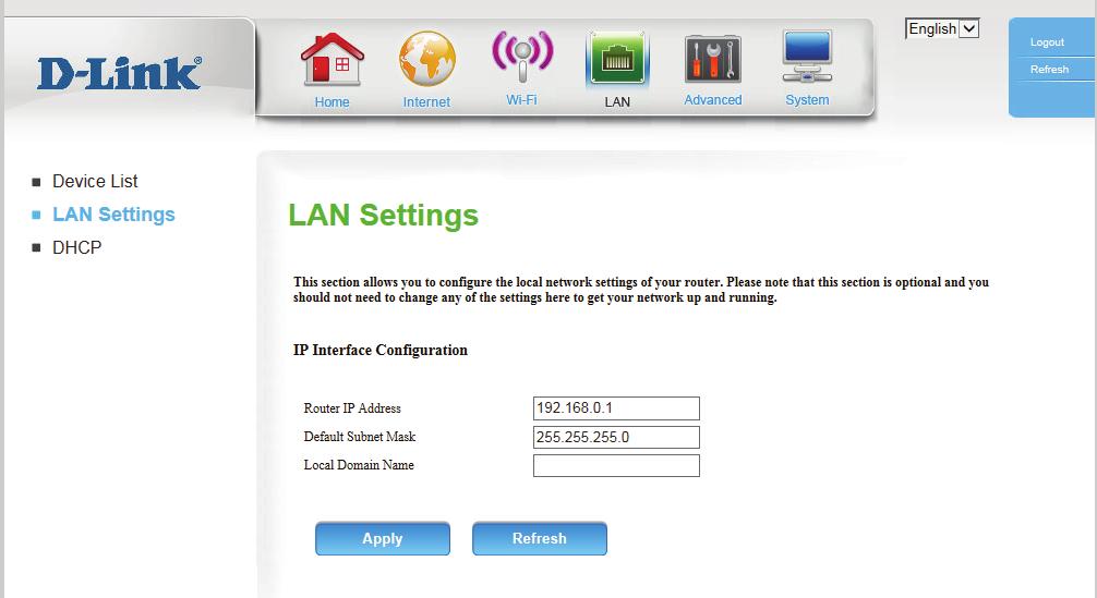 Router IP Address: Default Subnet Mask: Local Domain Name: LAN Settings Enter the IP address you want to use for the router. The default IP address is 19